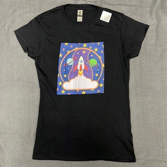 Women’s Black Space Rocket Graphic Tee Size Small - Picture 1 of 7